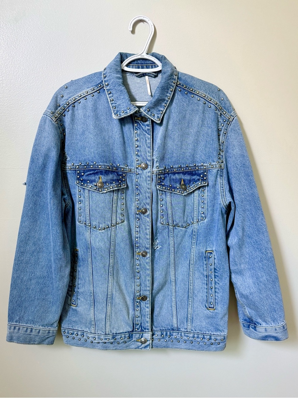 Free People Distressed Studded Denim Jacket
